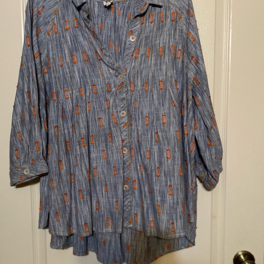 Beautiful Ivy Jane gray/blue with orange embroidery throughout the shirt.